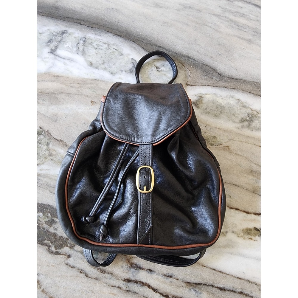 Vintage Black Leather Mini Backpack Brown Trim Drawstring Buckle Flap Slouchy
